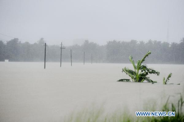 Photo taken on Oct. 5, 2010 shows flood-hit farms in Qionghai City, south China&apos;s Hainan Province. Heavy rains will hit Leizhou Peninsula and Hainan Province where heavy rain has pounded for four days and the average precipitation has exceeded 200 mm in most parts, according to the local weather bureau. Local government and the weather bureau also issued warnings on potential geological disasters triggered by the heavy rains in seven cities and counties in Hainan. [Meng Zhongde/Xinhua]