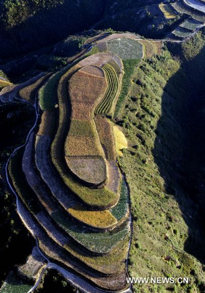 Photo taken on Oct. 2, 2010 shows the aerial view of Yan'an, in northwest China's Shaanxi Province. Yan'an has returned more than 8.82 million mu (about 558,000 hectares) grain plots to forestry since 1999, leaving a significant change on its landscape. [Xinhua/Tao Ming]