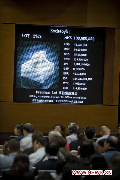 Photo taken on Oct.7, 2010 shows the Sothey's Hong Kong Chinese Fine Ceramics and Works of Art Autumn Sales in Hong Kong, south China. A yellow-ground famille-rose double-gourd vase was sold for 252.66 million HKD at the auction, a world record for Chinese porcelain auctioned.
