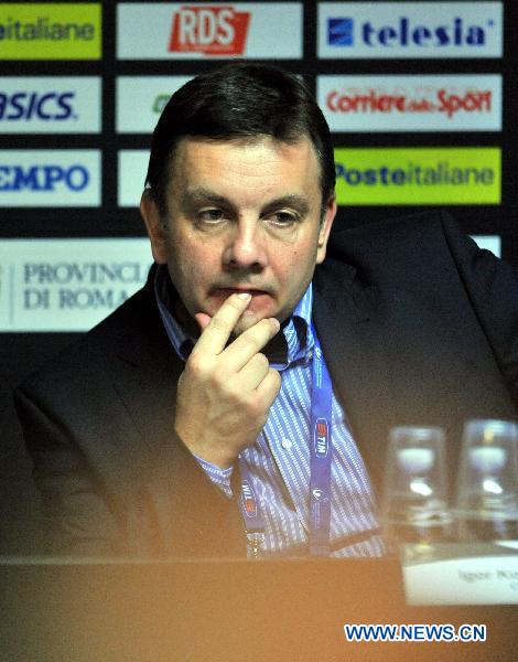 Serbia's main coach Igor Kolakovic reacts during the press conference after the semi-final against Cuba at the 2010 FIVB Men's Volleyball World Championship in Rome, Italy, Oct. 9, 2010. Serbia lost 2-3. [Xinhua]