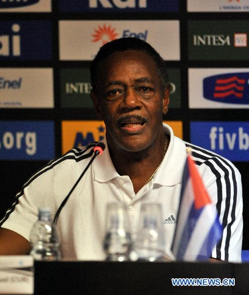 Cuba's main coach Orlando Samuel Blackood reacts during the press conference after the semi-final against Serbia at the 2010 FIVB Men's Volleyball World Championship in Rome, Italy, Oct. 9, 2010. Cuba won 3-2. [Xinhua] 