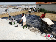 The photo shows the salt manufacturing process at Wangjiatan Salt Field, located in Rizhao City, Shandong Province. [Photo by Chen Weifeng]