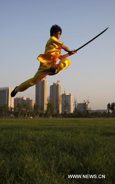 Wang Xiaoyang, 19 years old, practises during his preparation for the eighth Cangzhou International Martial Arts Festival in Cangzhou City, north China's Hebei Province, Sept. 29, 2010. The eighth Cangzhou International Martial Arts Festival was opened on Oct.9, 2010. 