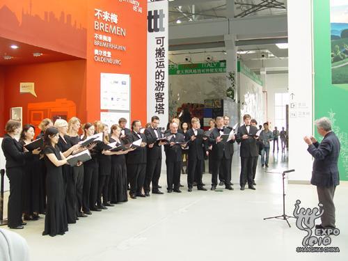 The Bremen Pavilion at the Urban Best Practices Area yesterday celebrates its special day with music from the European Choir Academy. 