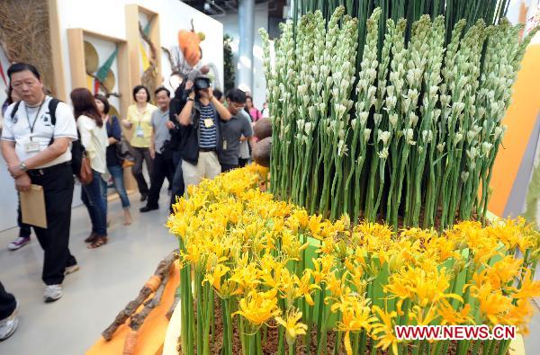 Tourists visit the flower zone of Pavilion of Future at 2010 Taipei International Flora Expo in Taipei, south China's Taiwan, Oct. 13, 2010. The 15 theme zones at the Pavilion of Future opened to visitors for the first time on Wednesday. With the use of advanced technologies, the pavilion showcased the future environment where human and plants coexist harmoniously. [Xinhua/Wu Ching-teng]