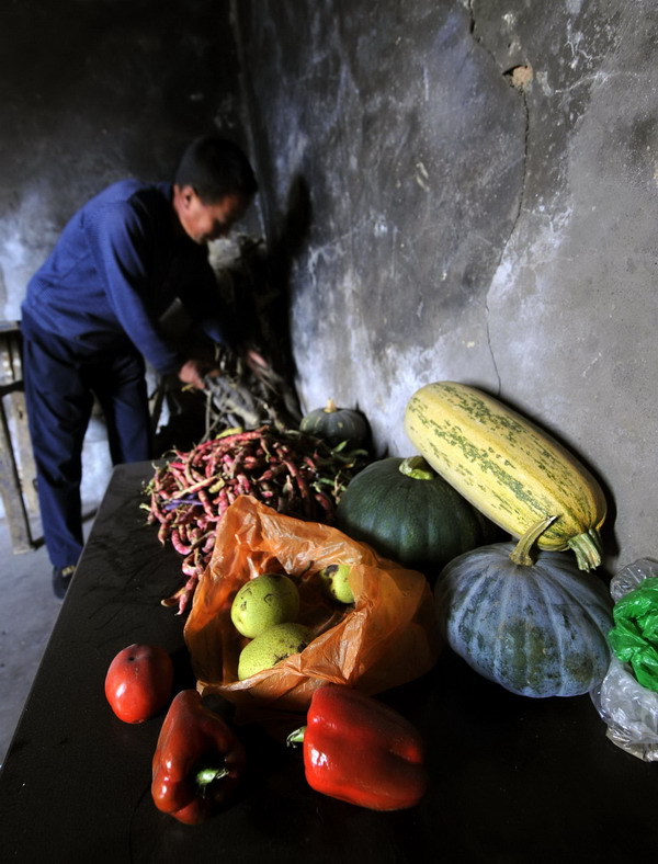 Yuan prepares his meal with vegetables given by villagers in Changzhi, Shanxi province, Oct 13, 2010. Yuan said he never had to take his own vegetables to school for his meals, because they were all provided by the villagers. [Xinhua]