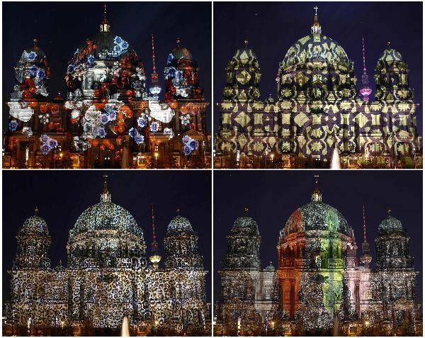 A combination of four pictures shows the Berlin cathedral and the television tower as they are illuminated during the Festival of Lights in Berlin October 13, 2010. Several landmarks of the German capital, including boulevards, squares, towers, historical and modern buildings, will be illuminated during the festival. [Xinhua/Reuters Photo]