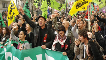 Private and public sector workers attend a demonstration over pension reform in Paris, October 16, 2010.