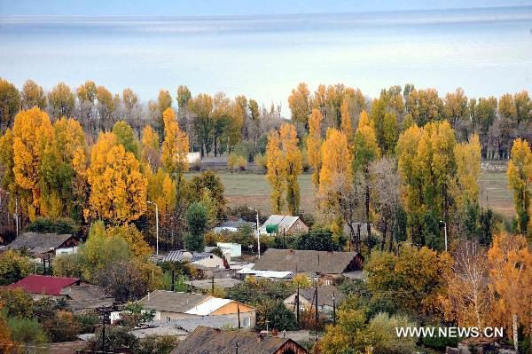 Photo taken on Oct. 20, 2010 shows the autumn scenery around the Issyk-Kul lake in Cholpon-Ata, Kyrgyzstan. [Xinhua/Sadat]