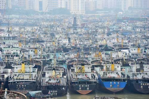 Thousands of fi shing boats anchor at a harbor in Haikou, Hainan province, on Thursday as typhoon Megi inches closer. [China Daily] 