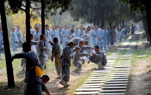 Students from martial arts schools practice Wushu along the road leading to the Shaolin Temple scenic spot in Dengfeng city of Central China's Henan province, Oct 23, 2010. [Photo/Xinhua] 