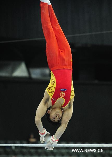 Feng Zhe of China competes in the horizontal bar final at the 42nd Artistic Gymnastics World Championships in Rotterdam, the Netherlands, Oct. 24, 2010. Feng ranked the 7th with a result of 15.166 points. (Xinhua/Zeng Yi) 