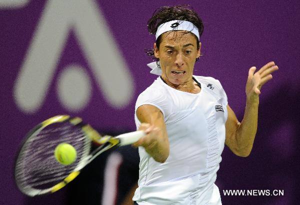 Francesca Schiavone of Italy hits a return to Samantha Stosur of Australia during the first round match of the WTA Tour Championships in Doha, Qatar, Oct. 26, 2010. Schiavone lost 0-2. (Xinhua/Chen Shaojin)