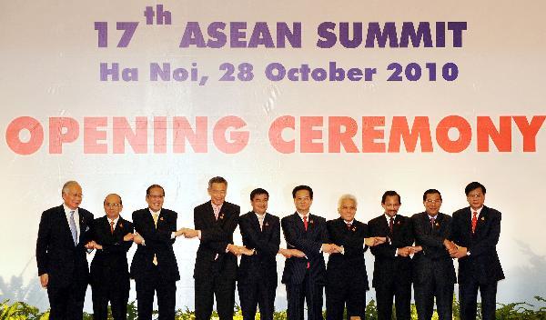 Leaders from the member countries of ASEAN (Association of Southeast Asian Nations) pose for a group photo during the opening ceremony of the 17th ASEAN Summit in Hanoi, capital of Vietnam, Oct. 28, 2010. The ASEAN Summit opened in Hanoi on Thursday to discuss the building of the ASEAN Community and other related topics. [Xinhua photo] 