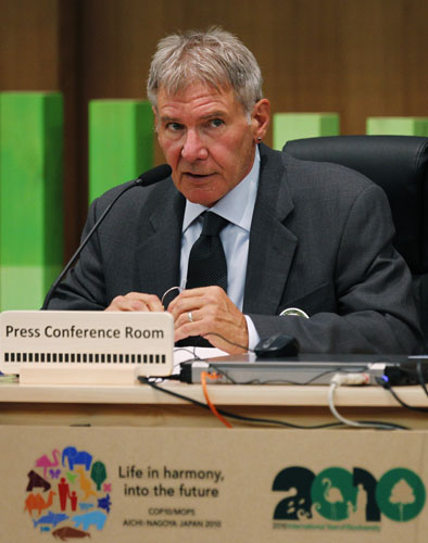 U.S. actor and Conservation International Vice Chairman Harrison Ford attends a news conference on the sidelines of the 10th Conference of the Parties to the Convention on Biological Diversity (COP10) in Nagoya, central Japan October 28, 2010. 