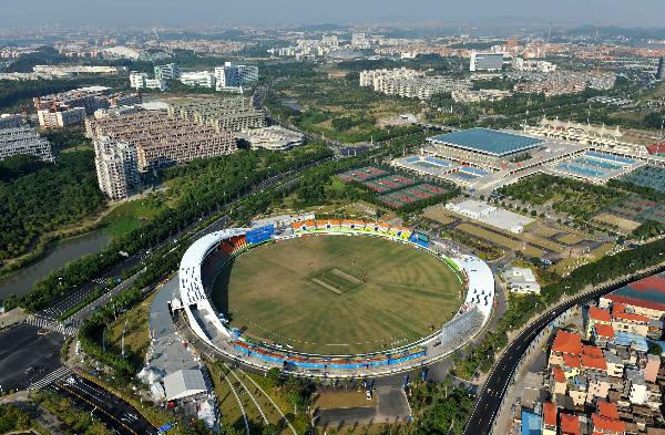 The photo taken on Oct. 29, 2010 shows the ariel view of the cricket field of the 16th Asian Games at the University Town in Guangzhou, south China&apos;s Guangdong Province. [Xinhua]