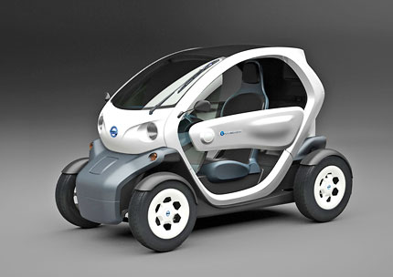 Nissan unveils a two-seat electric vehicle called the 'Nissan New Mobility CONCEPT,' pictured in this artist rendering, yesterday in Yokohama, Japan. It has a range of a 100 kilometers and maximum speed of 75 kilometers per hour. The EV system was developed by Renault, but the car's design was by Nissan. [Shanghai Daily]