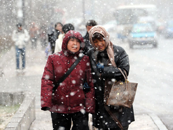 Residents walk in the snow in Harbin, capital of Northeast China&apos;s Heilongjiang province, Nov 7, 2010. [Xinhua]