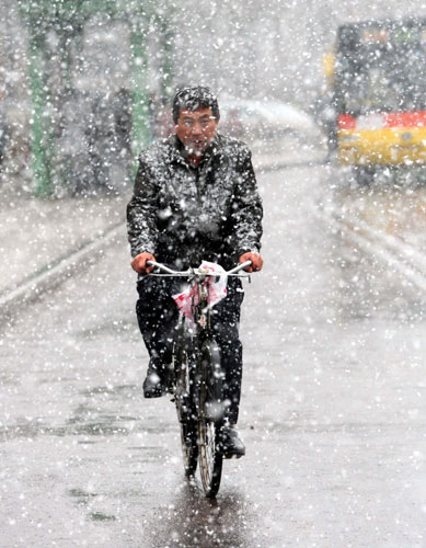 A resident rides in the snow in Harbin, capital of Northeast China&apos;s Heilongjiang province, Nov 7, 2010. [Xinhua]