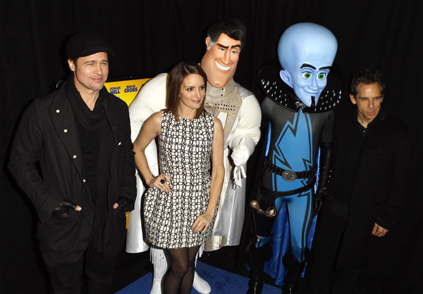 Cast members (L-R) Brad Pitt, Tina Fey, and Ben Stiller arrive for the premiere of the film 'Megamind' in New York November 3, 2010. [Xinhua/Reuters]