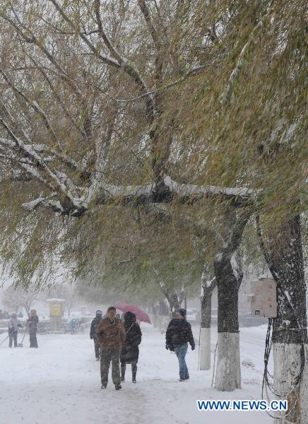 Pedestrians walk on a street in Jilin City, northeast China&apos;s Jilin Province, Nov. 8, 2010. Snow hit most parts of Jilin province from Sunday, making the temperature fall by up to 10 degrees Celsius in some areas. [Xinhua] 
