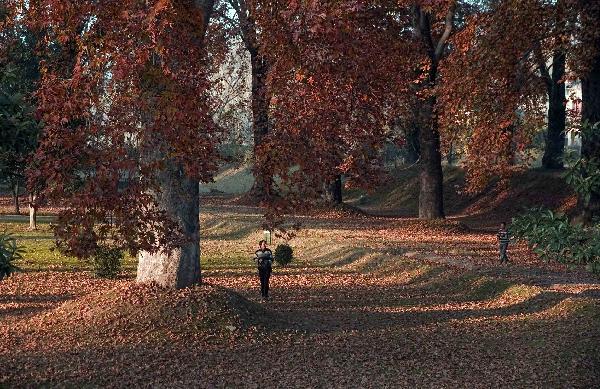 Photographers walk in the Nishat garden on the outskirts of Srinagar, summer capital of India-controlled Kashmir, Nov. 9, 2010. With the arrival of autumn, the valley in Kashmir becomes beautiful with the Chinar trees turning auburn. [Xinhua/Javed Dar]