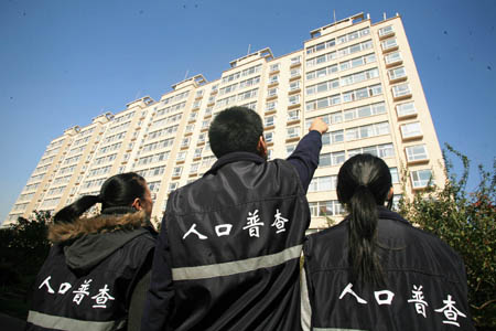 Three census takers prepare to work a Tianjin residential block. 