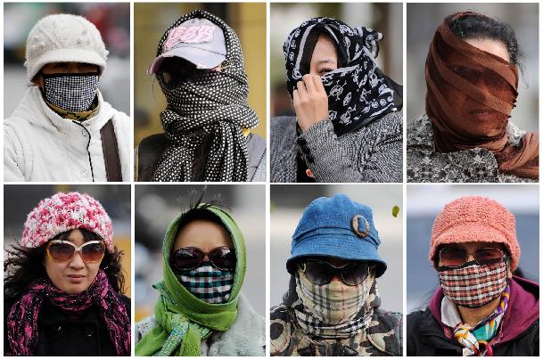  Combo picture shows pedestrians wearing hats, masks, headscarves and sunglasses to fight against strong winds in Yinchuan, Northwest China&apos;s Ningxia Hui autonomous region Nov 10, 2010. [Xinhua] 