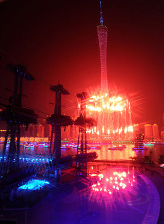 Fireworks are displayed during the Opening Ceremony of the 16th Asian Games at the Haixinsha Island in Guangzhou, China, Nov 12, 2010. (Xinhua/Guo Yong) 