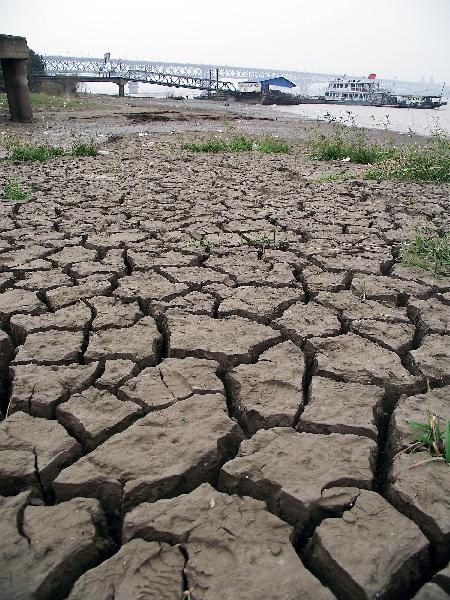 Photo taken on Nov. 14, 2010 shows riverbed of Nanjing section of the Yangtze River in Nanjing, capital of east China&apos;s Jiangsu Province. Water level of Nanjing section of the Yangtze River has dropped to 4.08 meters till 5:00 p.m. Sunday, due to dwindling water supply from the upper reaches recently.
