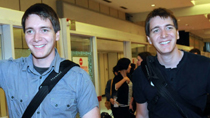 James(L) and Oliver Phelps, identical twin English actors arrive in airport for promoting their new film Harry Potter And The Deathly Hallows: Part 1 on November 15, 2010 in Taipei, Taiwan of China.