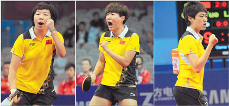 A combo photo shows Chinese women paddlers (left to right) Li Xiaoxia, Guo Yan and Guo Yue celebrating their victories over Wang Yue Gu, Feng Tian Wei and Li Jia Wei of Singapore to clinch the table tennis women's team gold medal at the 16th Asian Games in Guangzhou on Tuesday. Goh Chai Hin / Agence France-Presse