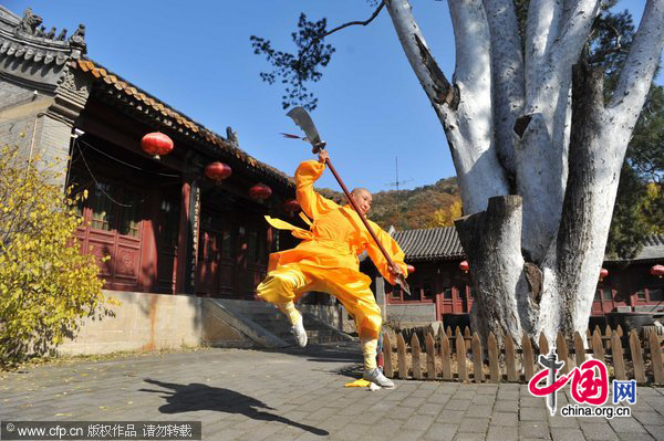 Hui Long practices wushu at Tanzhesi Temple in Beijing, Nov 18,2010. [Photo/CFP]