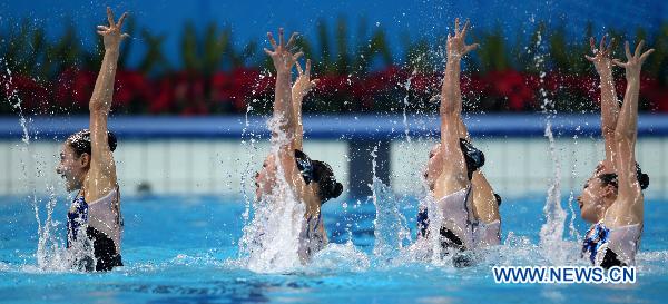 Team DPRK perform during the women's synchronised swimming team free routine final at the 16th Asian Games in Foshan, south China's Guangdong Province, Nov. 20, 2010. DPRK took the bronze with 173.000 points. (Xinhua/Fei Maohua) 