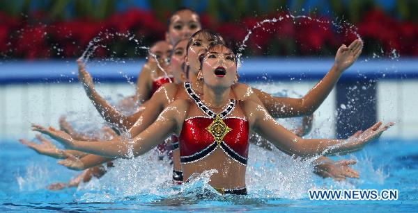 Team Thailand perform during the women's synchronised swimming team free routine final at the 16th Asian Games in Foshan, south China's Guangdong Province, Nov. 20, 2010. Thailand ranked 4th with 140.125 points. (Xinhua/Fei Maohua) 