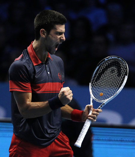 Serbia's Novak Djokovic reacts during his singles match against Czech Republic's Tomas Berdych at the ATP World Tour Finals in London November 22, 2010. (Xinhua/Reuters Photo)