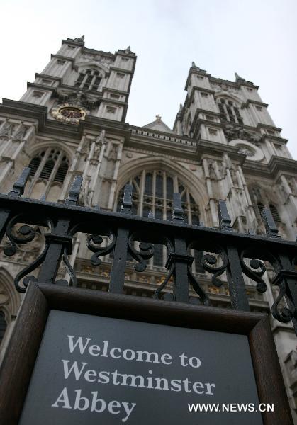 Photo taken on Nov. 23, 2010 shows the exterior of the Westminster Abbey in London, Britain. Prince William and his fiancée Kate Middleton will marry on April 29, 2011 at Westminster Abbey, the historic London church where the funeral of his mother Diana was held in 1997. [Xinhua]