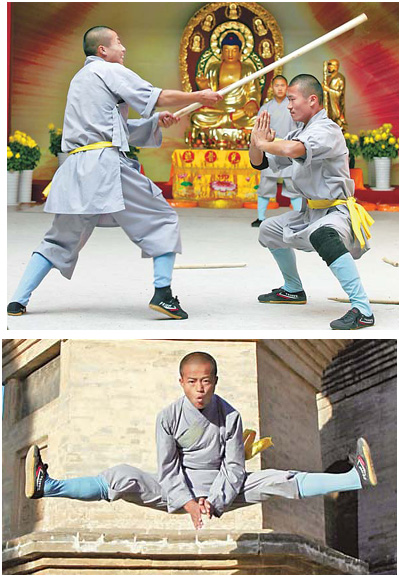 Top: Cheng Yangyang (right), 18, prepares to take a heavy blow from his classmate's stick during a qigong training session at the Shaolin Temple Martial Arts Training School in Central China's Henan province. Above: Wushu student Zhu Ceng, 15, practices a split jump at the sacred Shaolin Temple on Songshan Mountain. 