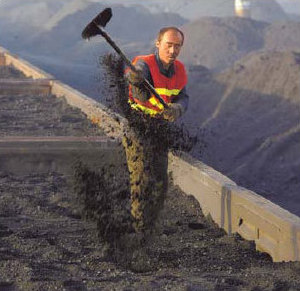 A worker shovels coal at a power plant in Taiyuan, Nov 12, 2010. Coal is stored at the plant to ensure electricity supply for the long winter. [Provided to China Daily]