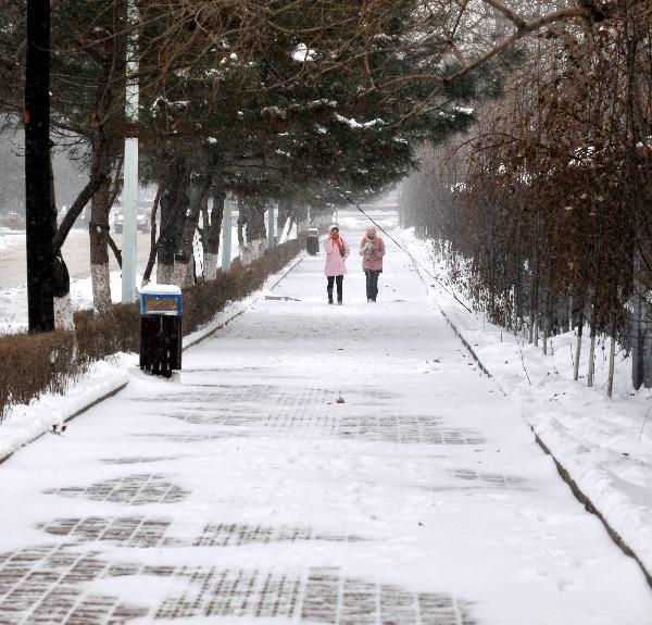 People are seen on a snow-covered road in Changchun, capital of northeast China&apos;s Jilin Province, Nov. 27, 2010. Snowfall hit most parts of the province on Saturday with temperature drop of up to 9 degrees centigrade.[Xinhua]