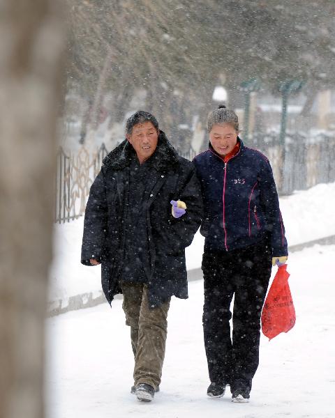 People walk in snow in Changhun, capital of northeast China&apos;s Jilin Province, Nov. 27, 2010. Snowfall hit most parts of the province on Saturday with temperature drop of up to 9 degrees centigrade. [Xinhua]