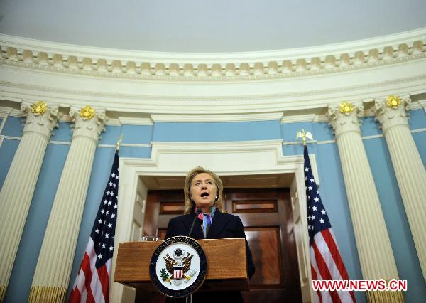 U.S. Secretary of State Hillary Clinton hosts a press briefing on the recent classified cables released by Wikileaks at the Department of State in Washington D.C., capital of the United States, Nov. 29, 2010. [Zhang Jun/Xinhua]