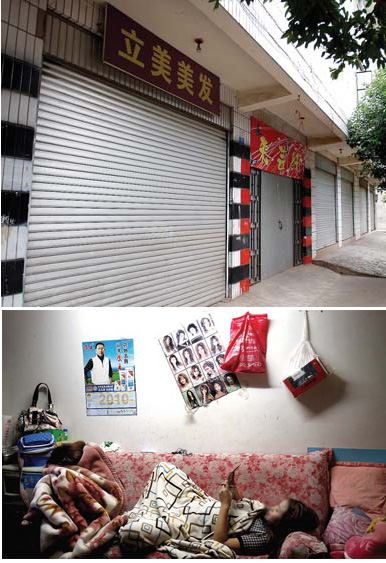 Top: Many 'hair salons' were shut down during the recent campaigns against the sex industry in Yuxi. Above: Two young women relax on a sofa as they wait for customers at a 'massage parlor' in Yuxi on Nov 24.