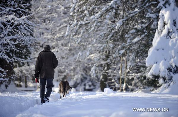 A resident and a dog walk in the snow in Geneva, Switzerland, Dec. 2, 2010. Weather turned fine in Geneva on Thursday after the continuous snowfall. [Xinhua]