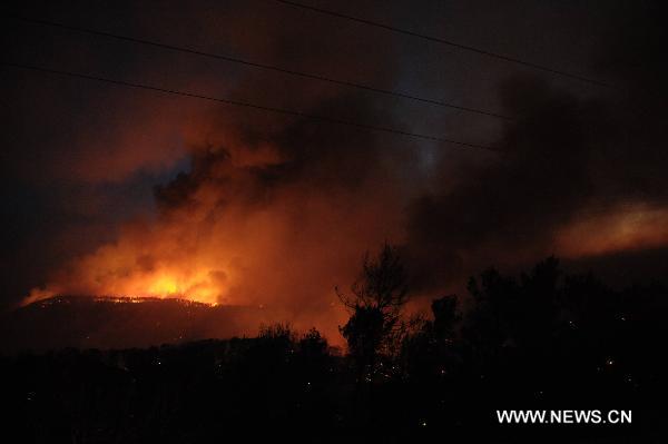 A massive forest fire is seen in the Carmel Forest near the Israeli northern city of Haifa, Dec. 2, 2010. At least 40 people are dead in what officials describe as a historic 'firestorm' that broke out early Thursday in the Carmel mountain range overlooking the city. [JINI/Xinhua]