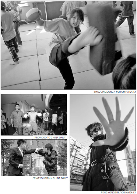 Clockwise from top: Female students training to be bodyguards practice martial arts at a vocational school in Shenyang, capital of Liaoning province; Chai Chang, 25, has worked as a bodyguard in Beijing for more than a year; Two employees of Tianjiao Security in Beijing practice their fighting skills; Zhou Jie (left), 26, from CCG Security in Shanghai, guards a Thai boxer at an event in Shanghai on Oct 27. 