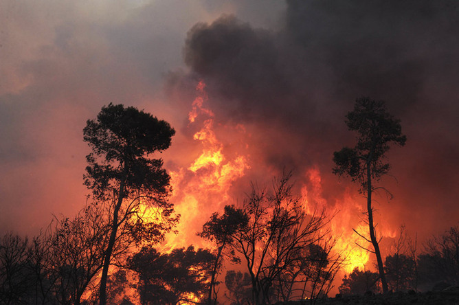 Fire is seen near Isfiya, on Mount Carmel, near Haifa, north Israel, Dec. 5, 2010. After more than three days&apos; arduous battle, Israeli firefighting authority announced Sunday afternoon that it had fully contained the inferno, according to local news service Ynet. [Xinhua]