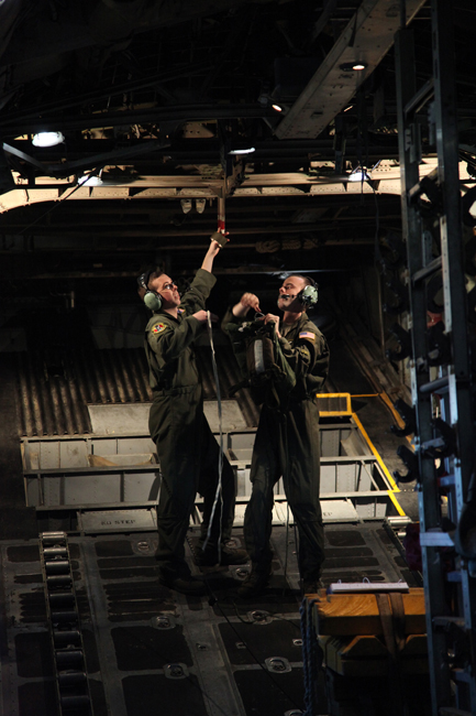 U.S. pilots adjust equipments in a C-130H Hercules transport aircraft during a joint military drill over the Sea of Japan, Dec. 6, 2010. Japan and the United States launched their a joint military exercise on Dec. 3. [Xinhua]