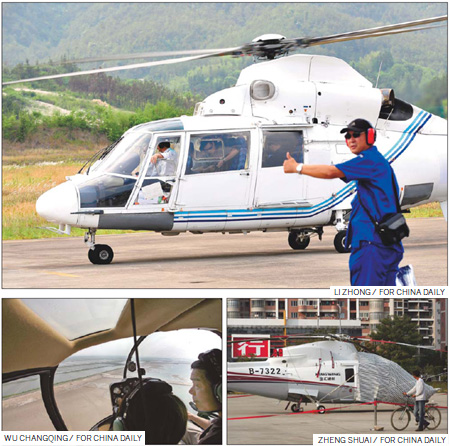  Clockwise from top: People board a helicopter to enjoy the first flight of the Friends of Wind Club on May 16, 2009, when the group was established in Hangzhou, Zhejiang province