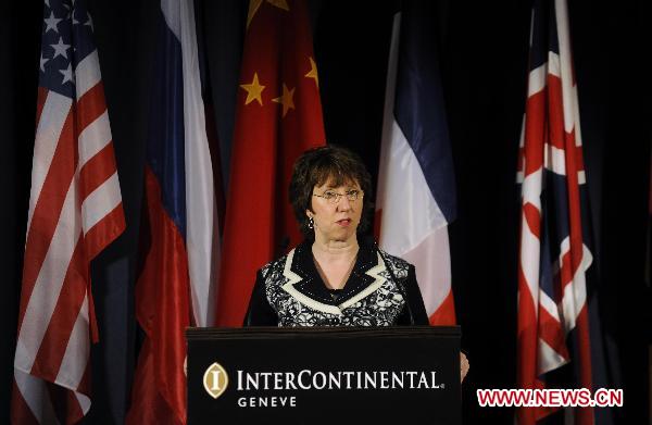 European Union foreign policy chief Catherine Ashton addresses a press conference after the talks on the Iranian nuclear issue in Geneva, Switzerland, Dec. 7, 2010. The two-day Geneva talks between Iran and the five United Nations Security Council permanent members plus Germany ended on Tuesday. The next round would be held in Istanbul by the end of next month. [Yu Yang/Xinhua] 